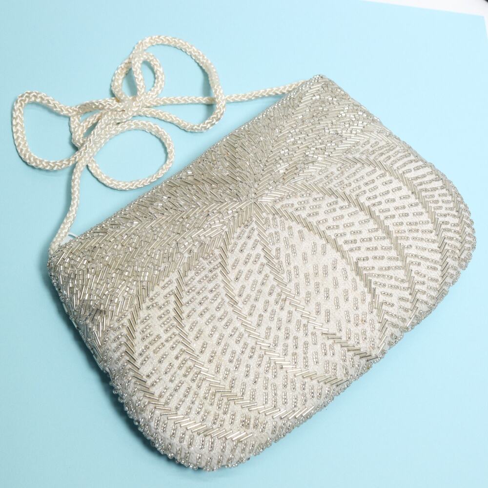 Vtg Beaded Shouler Handbag Women S Purse Shoulder Bag Off White Satin LIned
